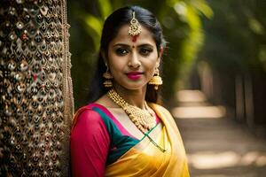 a beautiful indian woman in a yellow sari. AI-Generated photo