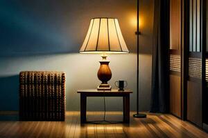 a lamp is sitting on a table in a room. AI-Generated photo