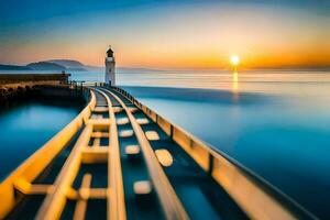 a long exposure photograph of a lighthouse at sunset. AI-Generated photo