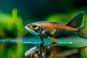 a fish is standing in the water with its reflection. AI-Generated photo