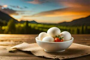 huevos en un cuenco en un mesa. generado por ai foto