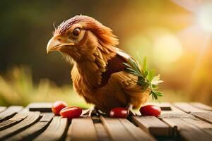 a chicken with tomatoes on a wooden table. AI-Generated photo