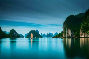 a boat sailing in the water near mountains. AI-Generated photo