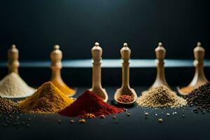 various spices and spices in wooden spoons. AI-Generated photo