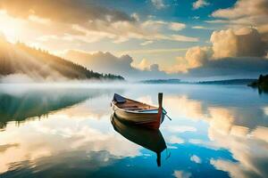un barco es flotante en un lago a amanecer. generado por ai foto