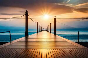 a wooden pier with the sun setting over the ocean. AI-Generated photo