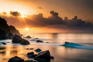 un hermosa puesta de sol terminado el Oceano con rocas y agua. generado por ai foto