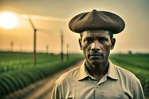 a man wearing a hat stands in front of wind turbines. AI-Generated photo