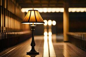 a lamp is sitting on a floor in a dark room. AI-Generated photo