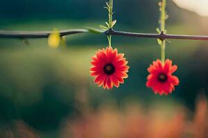 two red flowers hanging from a vine. AI-Generated photo