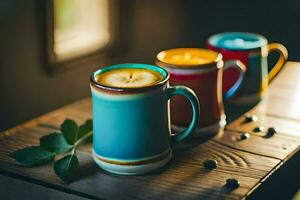 three colorful coffee mugs on a wooden table. AI-Generated photo