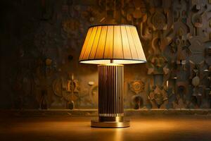 a lamp with a gold shade on a wooden table. AI-Generated photo