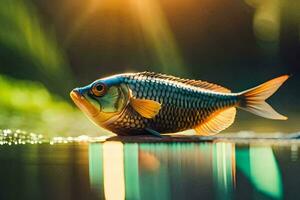 a fish is sitting on the water with the sun shining. AI-Generated photo