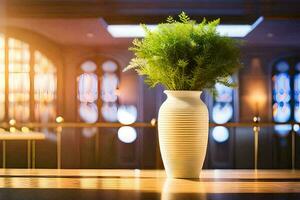 a vase with a plant in it on a table. AI-Generated photo
