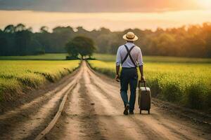 a man with a hat and suitcase walking down a dirt road. AI-Generated photo