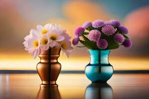 two vases with flowers on a table. AI-Generated photo