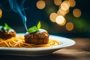 espaguetis y albóndigas en un lámina. generado por ai foto