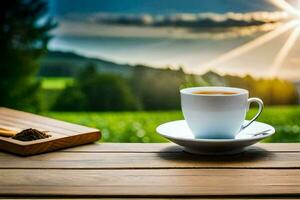 un taza de café en un de madera mesa en el Mañana. generado por ai foto