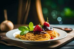 spaghetti with strawberries and basil on a plate. AI-Generated photo