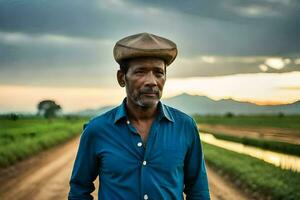 a man in a blue shirt standing in a dirt road. AI-Generated photo