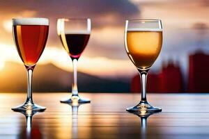 three glasses of wine on a table with a sunset in the background. AI-Generated photo