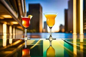 two glasses of cocktails on a table in front of a city skyline. AI-Generated photo