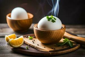 eggs in wooden bowls with herbs and spices. AI-Generated photo