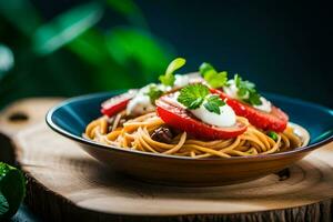 espaguetis con Tomates y queso en un de madera lámina. generado por ai foto
