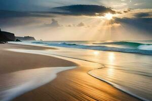sunlight shines on the ocean and waves at sunset. AI-Generated photo