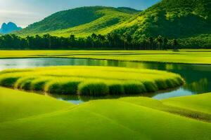 a beautiful landscape with grass and water. AI-Generated photo