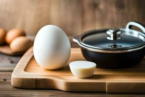 an egg and a pan on a cutting board. AI-Generated photo