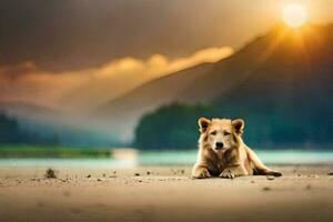 photo wallpaper the sky, mountains, river, sunset, dog, animal, nature, landscape,. AI-Generated