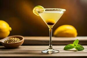 a martini with lemon and mint on a wooden table. AI-Generated photo