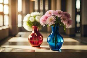 two vases with flowers sitting on a table. AI-Generated photo