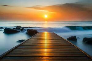 a wooden dock leads to the ocean at sunset. AI-Generated photo