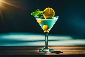 blue cocktail with lemon and mint on the table. AI-Generated photo