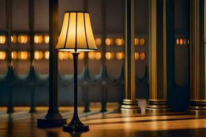 a lamp is sitting on a floor in front of columns. AI-Generated photo