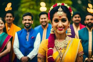 a bride and groom in colorful saris with their wedding party. AI-Generated photo