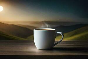 a cup of coffee on a table in front of a mountain view. AI-Generated photo