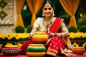 a woman in traditional indian attire sits on the ground with colorful pots. AI-Generated photo