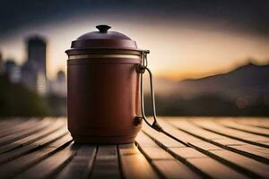 a coffee pot sitting on a wooden table with a city in the background. AI-Generated photo