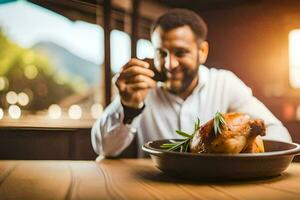 a man eating a chicken in a restaurant. AI-Generated photo