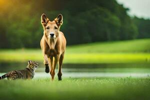 un perro y un gato corriendo juntos en el césped. generado por ai foto