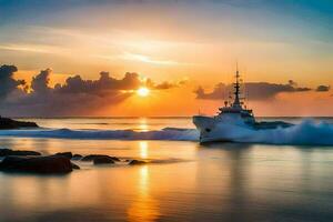 un barco en el Oceano a puesta de sol. generado por ai foto