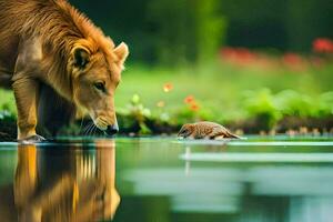 un león y un ratón Bebiendo agua desde un estanque. generado por ai foto