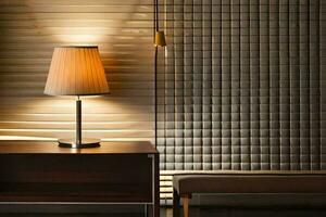 a lamp is sitting on a table next to a bed. AI-Generated photo