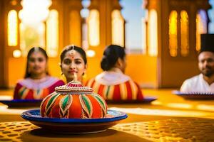 a woman in indian dress sits on a table with a bowl of food. AI-Generated photo