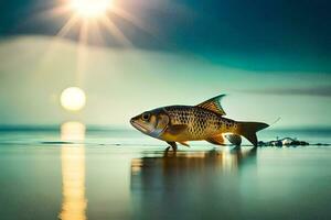 a fish is standing on the water at sunset. AI-Generated photo