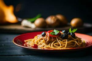 spaghetti with meat and vegetables on a plate. AI-Generated photo