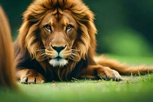 a lion is laying down in the grass. AI-Generated photo